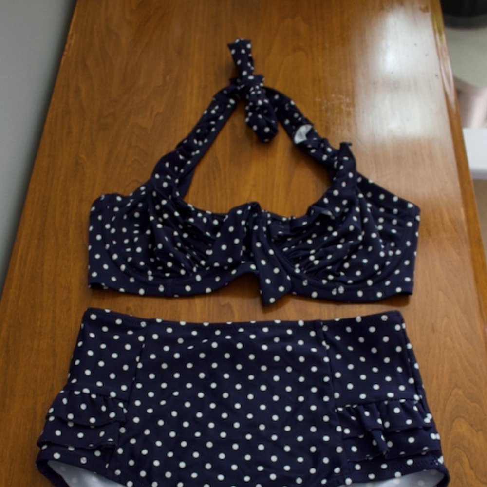Pour Moi Polka Dot Halter Bikini Top | Navy and White | 32E